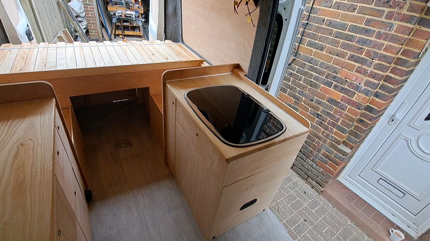 Bespoke campervan kitchen unit with hob built in the workshop